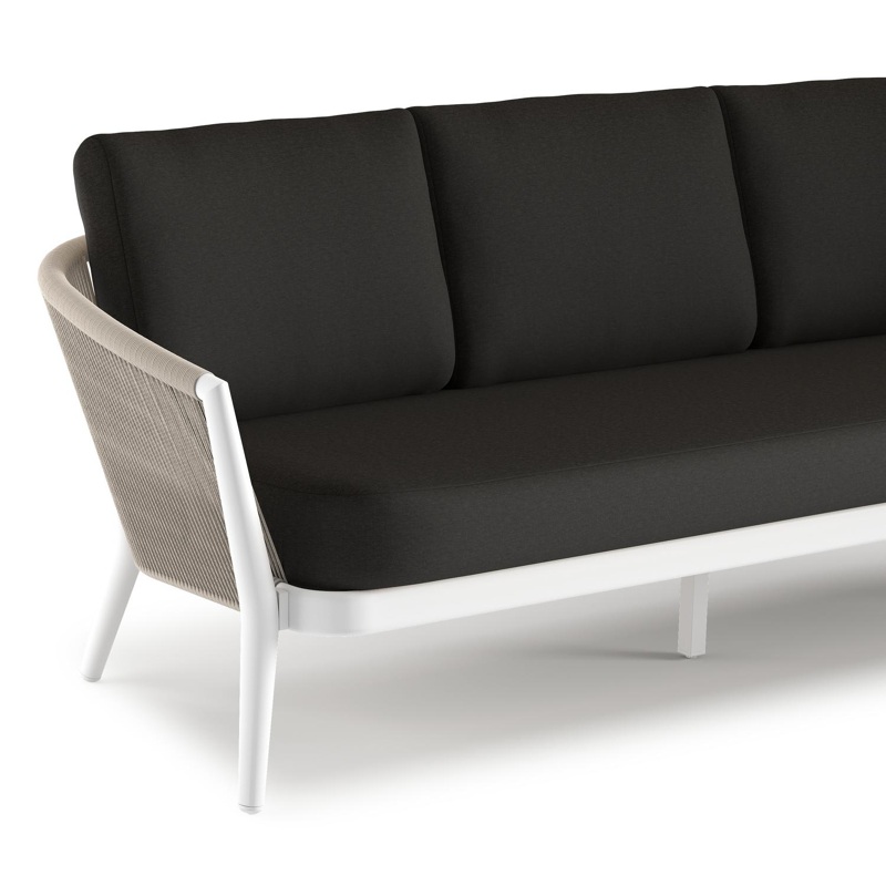 Orso loungebank in wit aluminium en beige verticaal geweven ronde rope met Heritage Char all weather sunbrella® luxe kussen