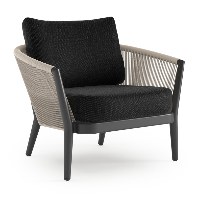 Orso loungestoel in zwart aluminium en beige verticaal geweven ronde rope met Lopi Baribal all weather sunbrella® luxe kussen