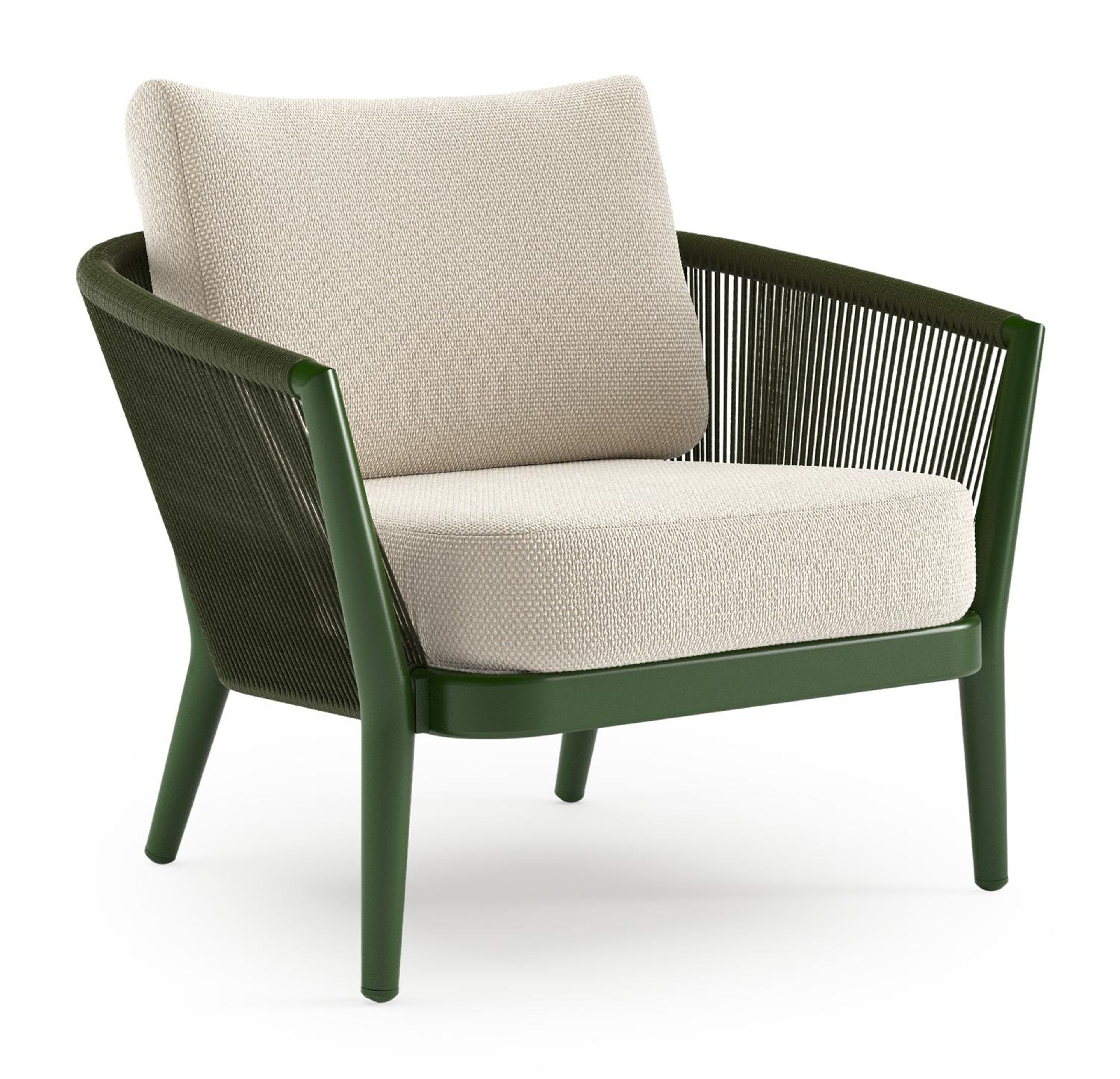 Orso loungestoel in groen aluminium en groen verticaal geweven ronde rope met Althea Off White all weather cosytica kussen