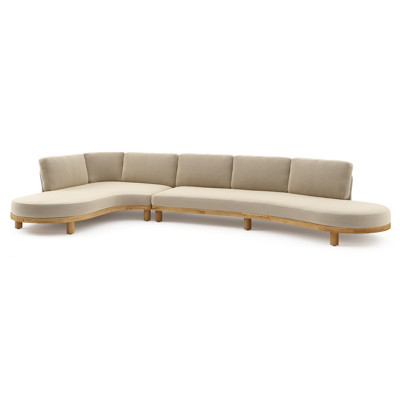 Donato loungehoek in teak en beige verticaal geweven ronde rope met all weather cosytica Althea Camel kussen
