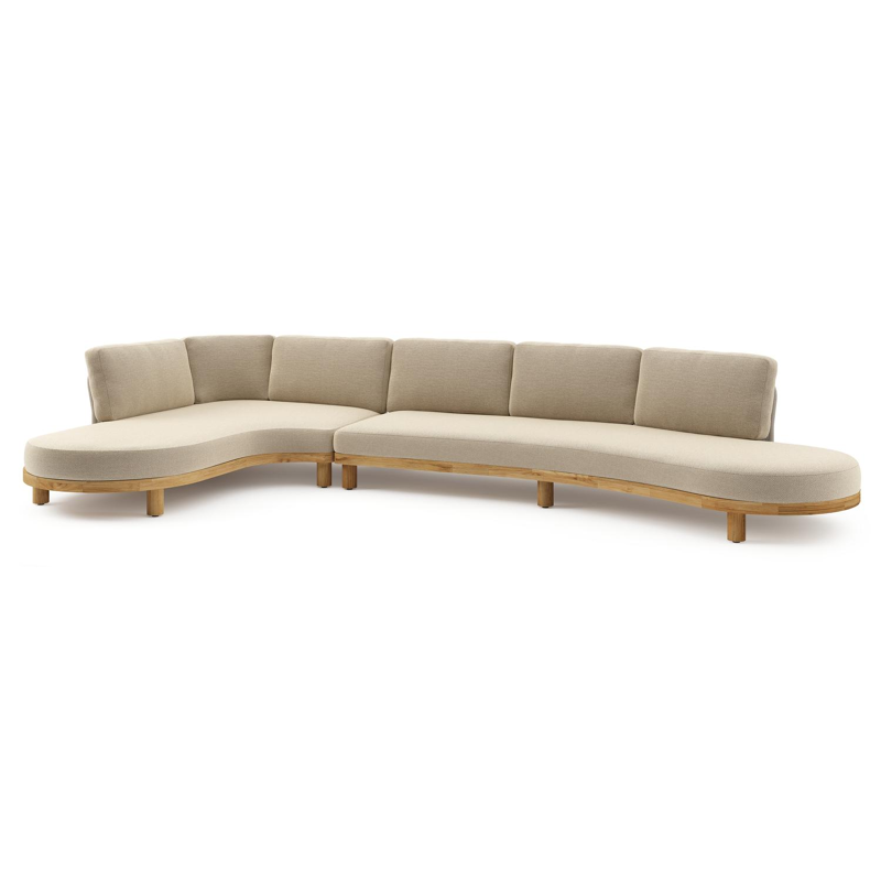 Donato loungehoek in teak en beige verticaal geweven ronde rope met all weather cosytica Althea Camel kussen