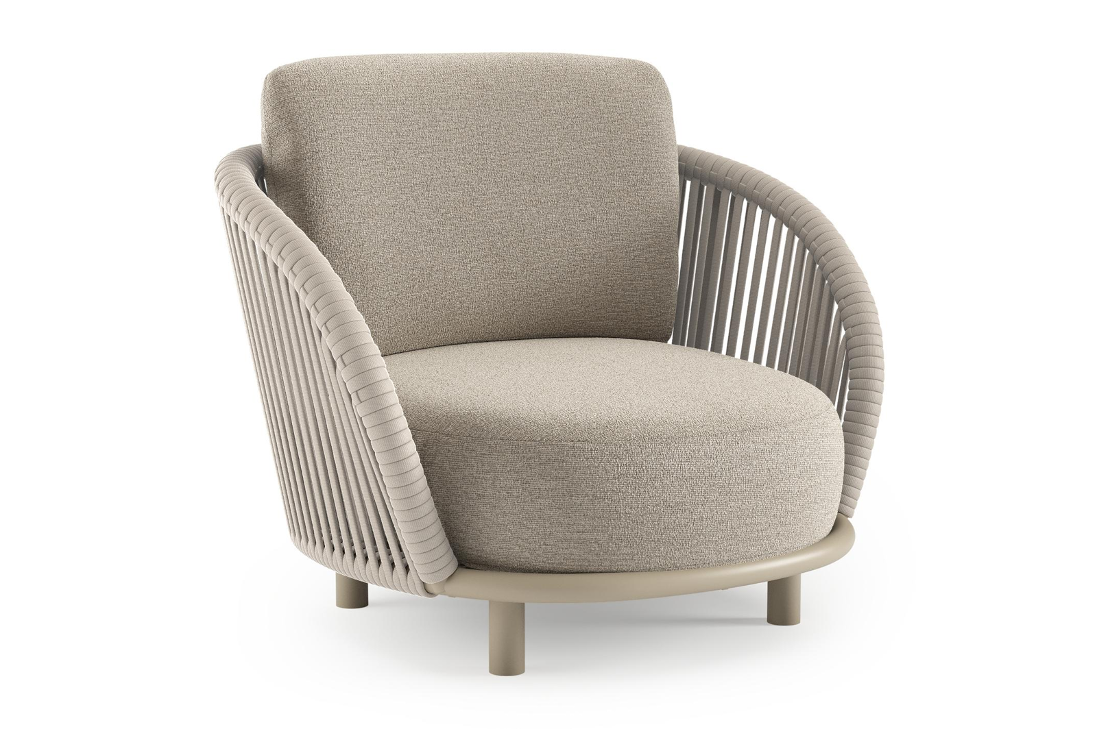 Lupino loungestoel in beige aluminium en beige verticaal geweven luxe vlakke brede rope met catania greige all weather cosytica kussen