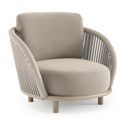 Lupino loungestoel in beige aluminium en beige verticaal geweven luxe vlakke brede rope met catania greige all weather cosytica kussen