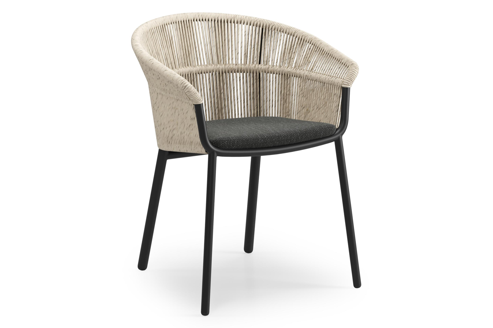 Matera stapelbare tuinstoel in zwart aluminium en beige gedraaide ronde wicker met kussen in sky black weather+ softtouch