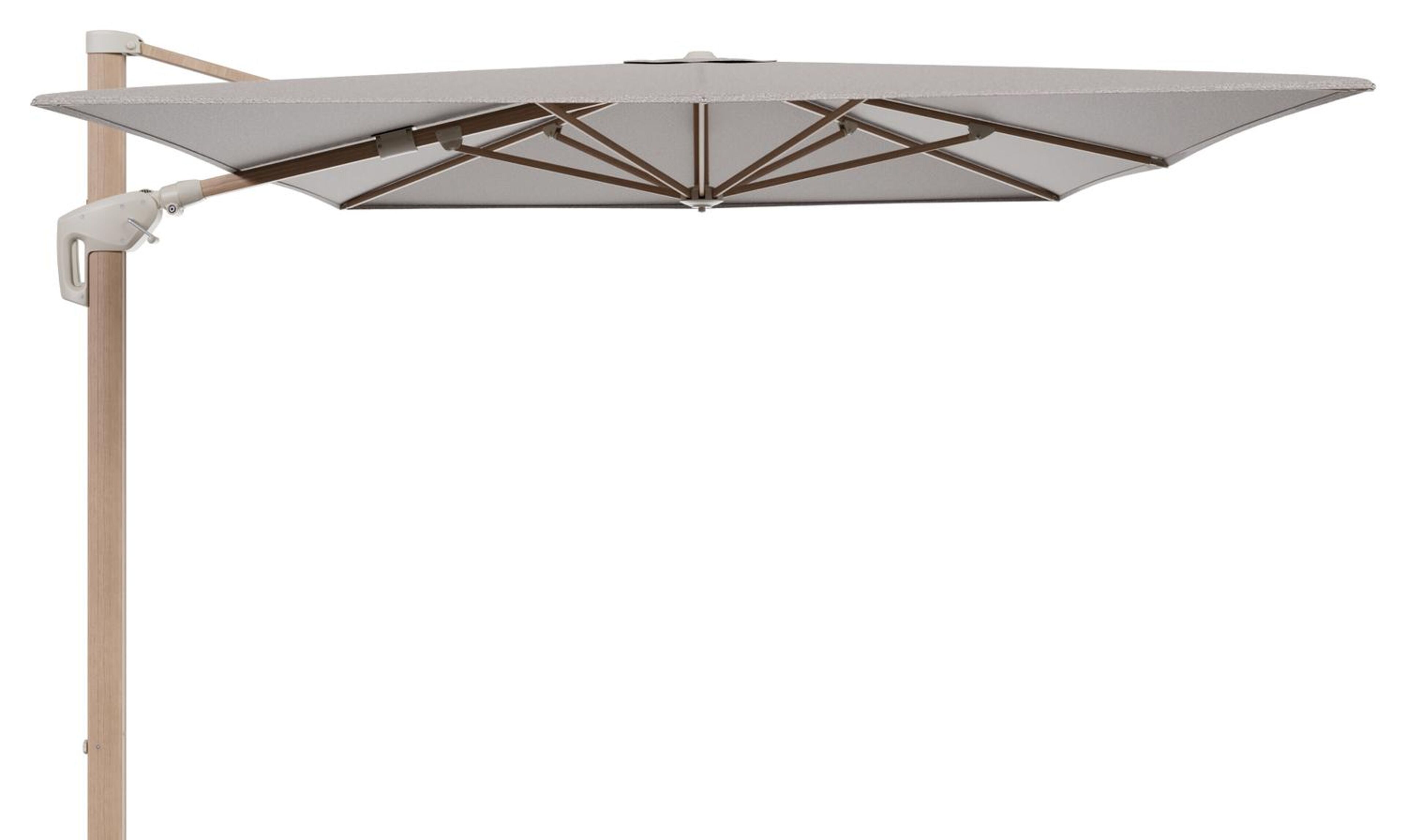 Minore zweefparasol met tiltfunctie in houtlook aluminium en Wander Granite All Weather Sunbrella® Luxe parasoldoek - L1 400 x L2 300 cm (zonder voet)