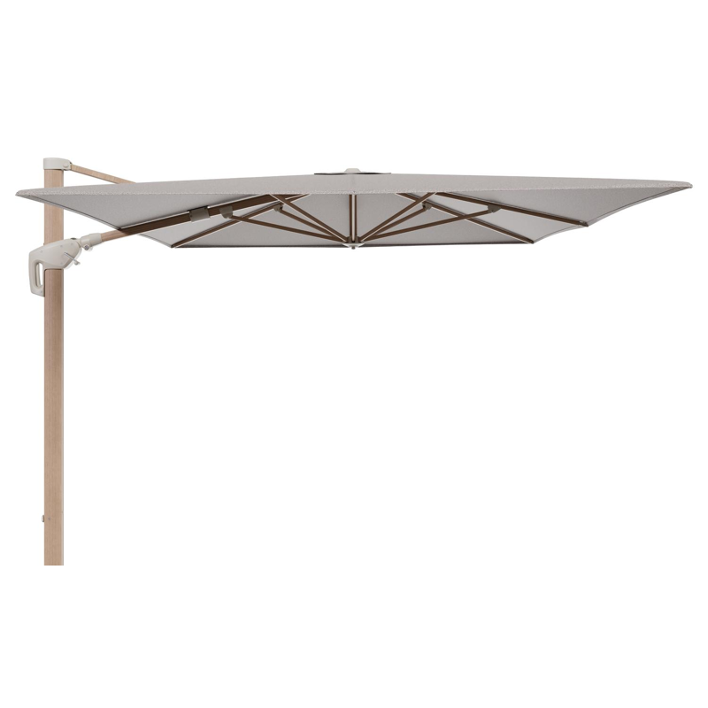 Minore zweefparasol met tiltfunctie in houtlook aluminium en Wander Granite All Weather Sunbrella® Luxe parasoldoek - L1 400 x L2 300 cm (zonder voet)