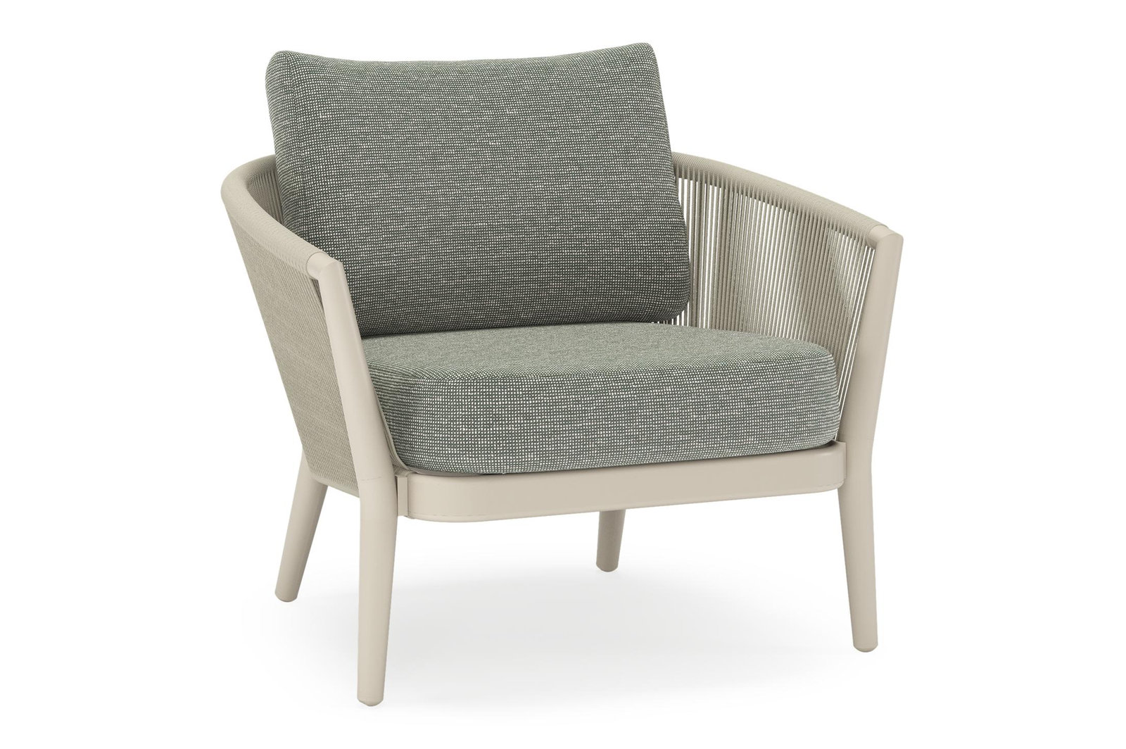 Orso loungestoel in beige aluminium en beige verticaal geweven ronde rope met Slow Fern all weather sunbrella® luxe kussen