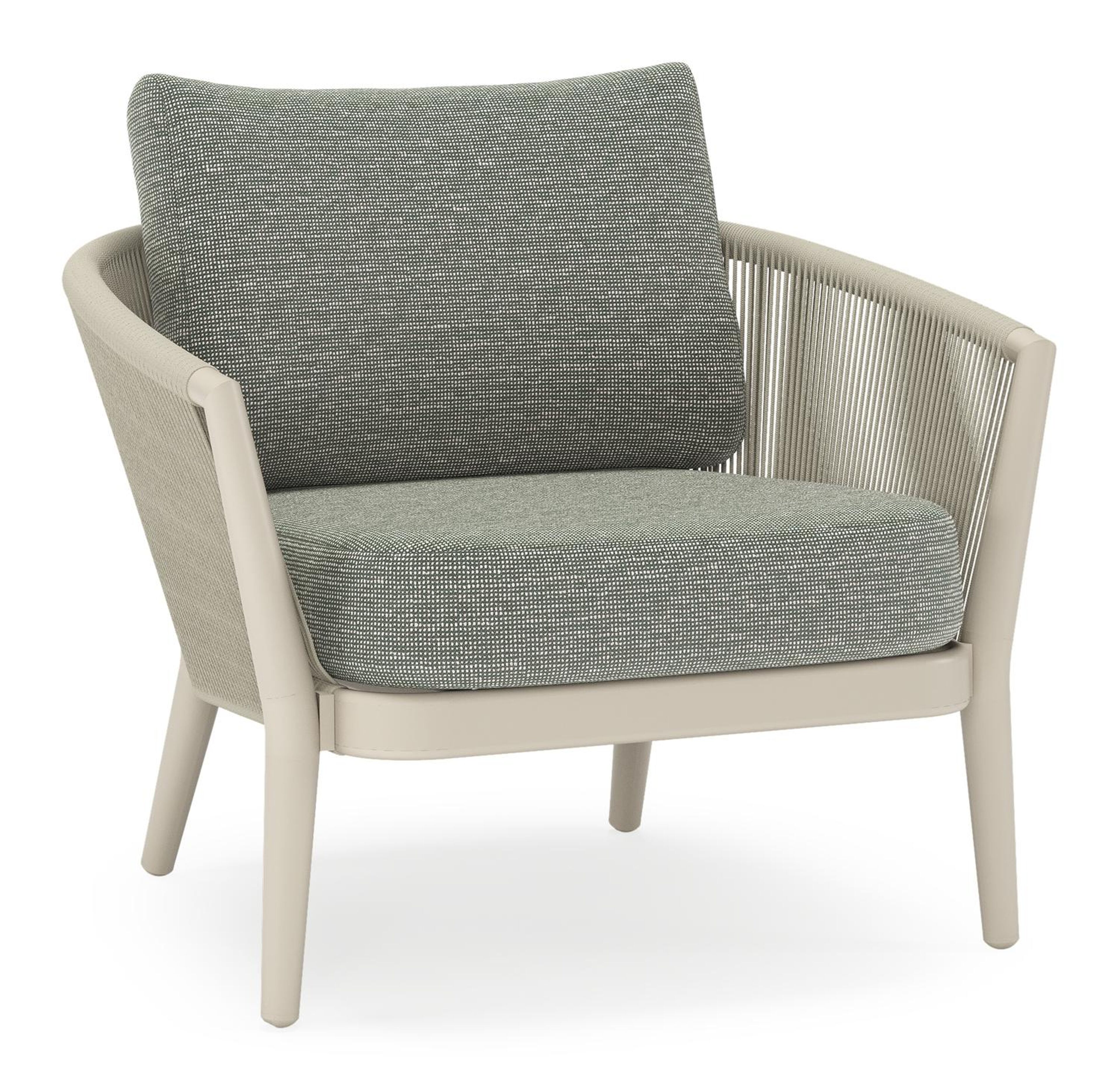 Orso loungestoel in beige aluminium en beige verticaal geweven ronde rope met Slow Fern all weather sunbrella® luxe kussen