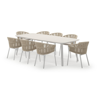 Mosa bootvormige tuinset in wit aluminium en sintered stone crema minerale met 8 Matera tuinstoelen