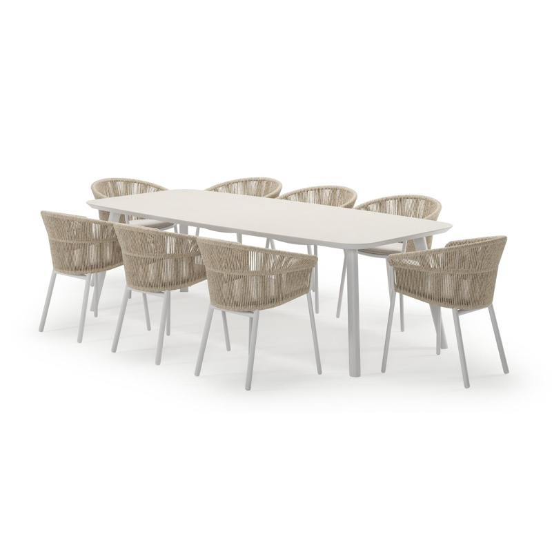 Mosa ensemble de jardin forme de bateau en aluminium blanc en sintered stone crema minerale avec 8 chaises de jardin Matera