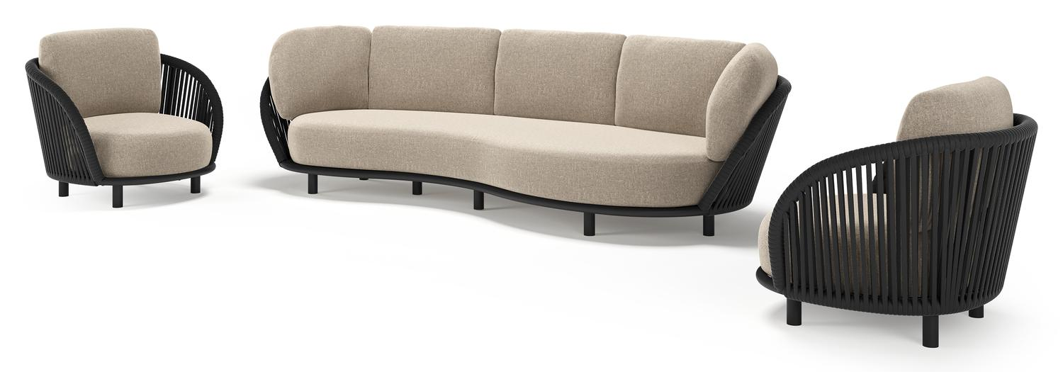 Lupino loungeset in zwart aluminium en zwart verticaal geweven luxe vlakke brede rope met chartres pewter all weather sunbrella® luxe kussen