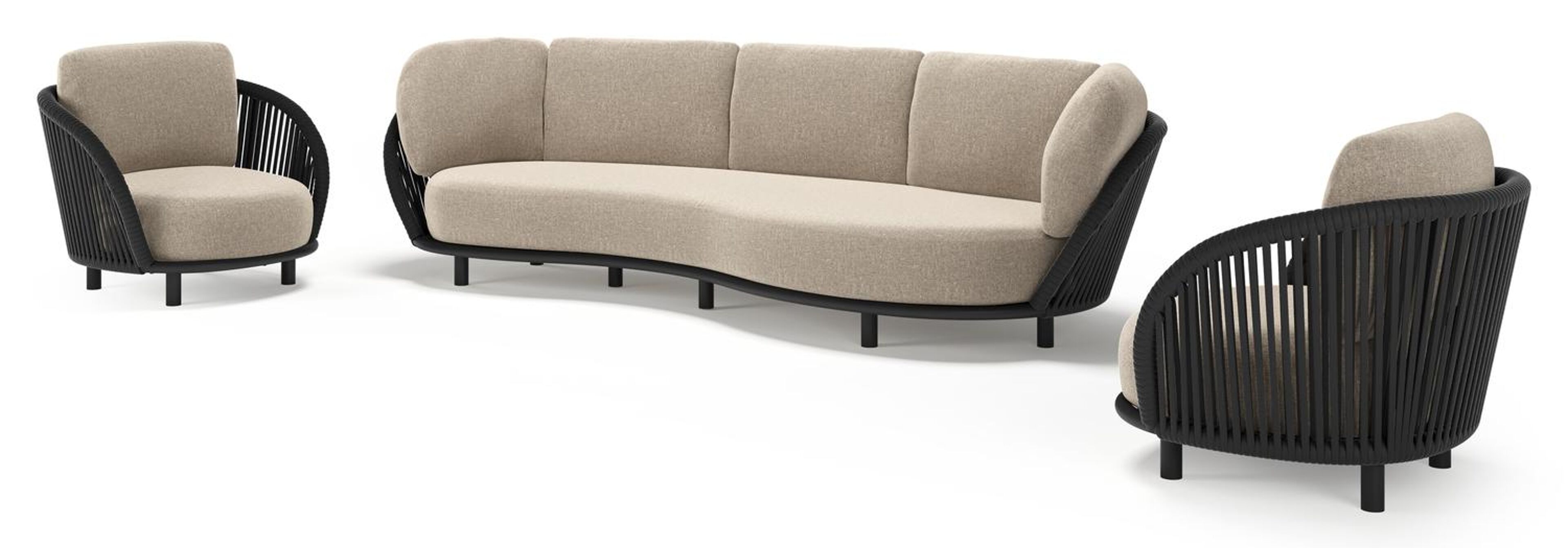 Lupino loungeset in zwart aluminium en zwart verticaal geweven luxe vlakke brede rope met chartres pewter all weather sunbrella® luxe kussen