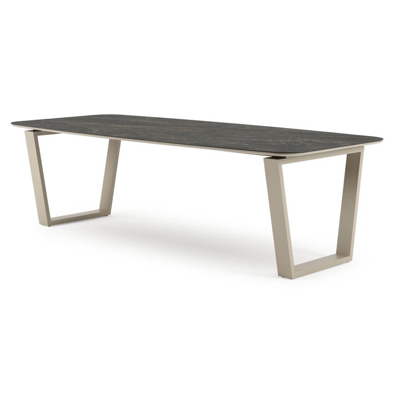 Pagino tuintafel bootvorm in beige aluminium en volkeramiek Black Obsession - L 255 x B 115 x H 73 cm