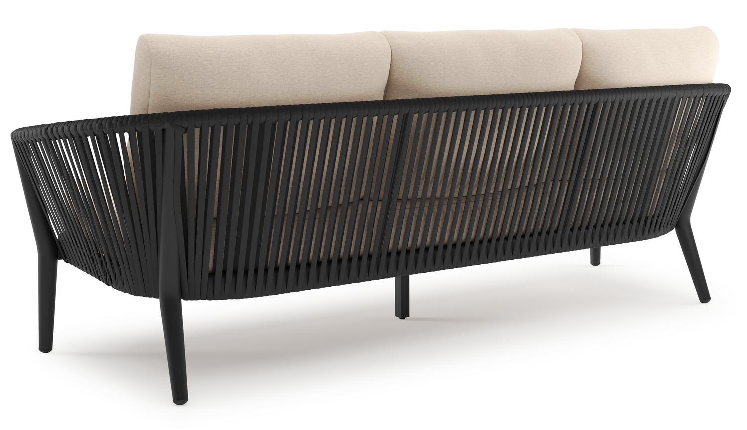 Orso loungebank in zwart aluminium en zwart verticaal geweven ronde rope met Heritage Papyrus all weather sunbrella® luxe kussen