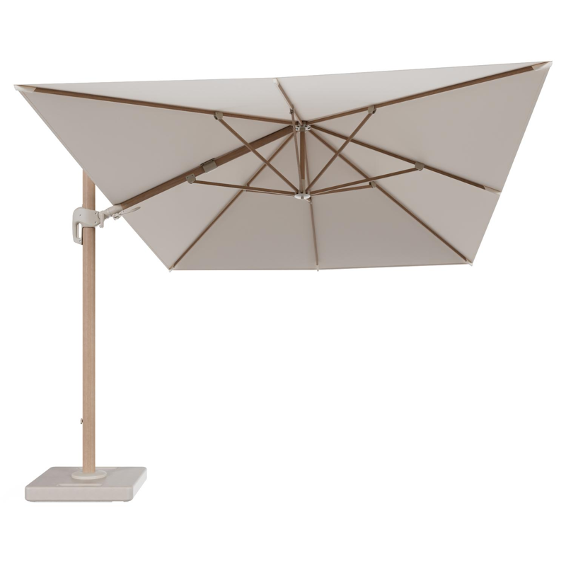 Rufina zweefparasol tiltfunctie in houtlook aluminium en parasoldoek in All Weather Sunbrella® Luxe Natte Linen Chalk - L1 400 x L2 300 cm met parasolvoet Lapido 160 kg