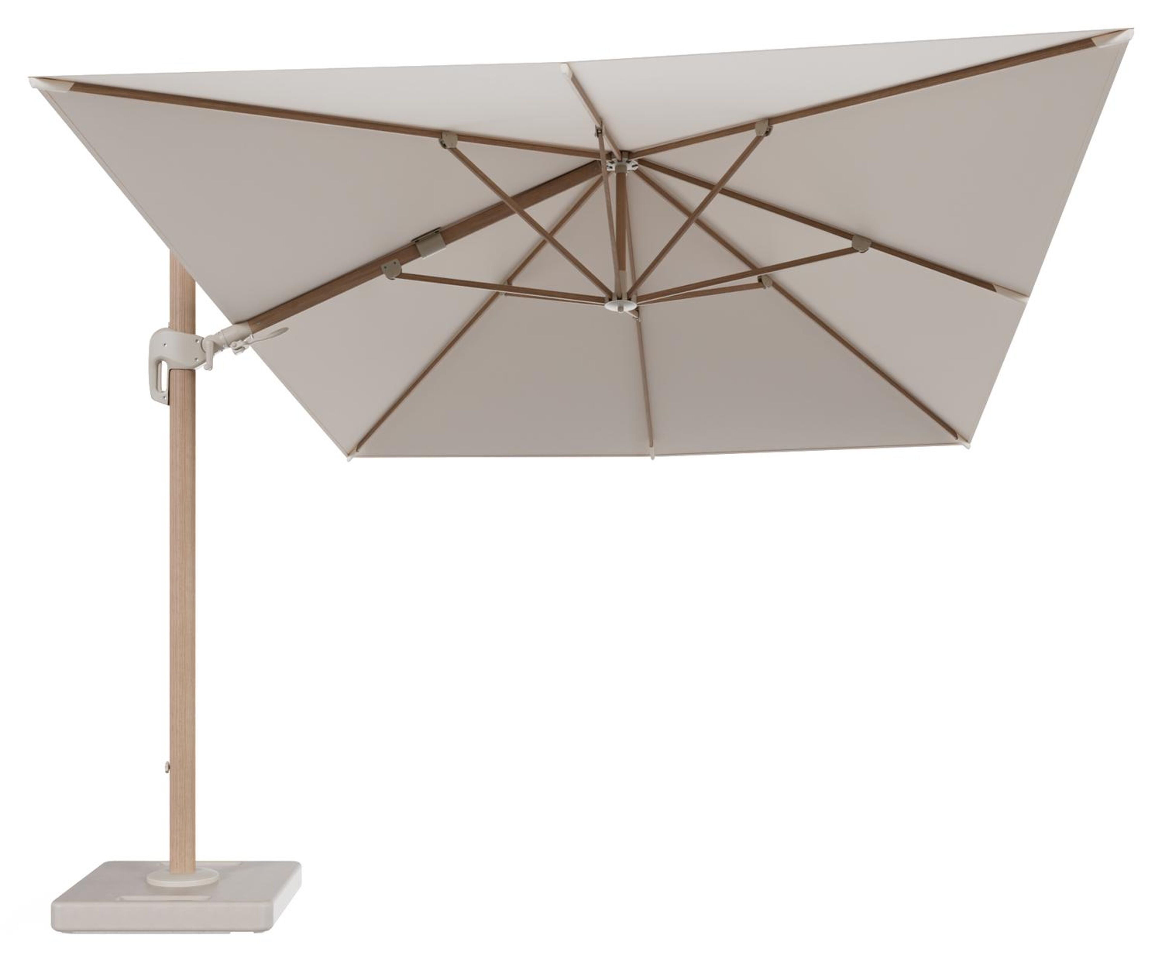 Rufina zweefparasol tiltfunctie in houtlook aluminium en parasoldoek in All Weather Sunbrella® Luxe Natte Linen Chalk - L1 400 x L2 300 cm met parasolvoet Lapido 160 kg