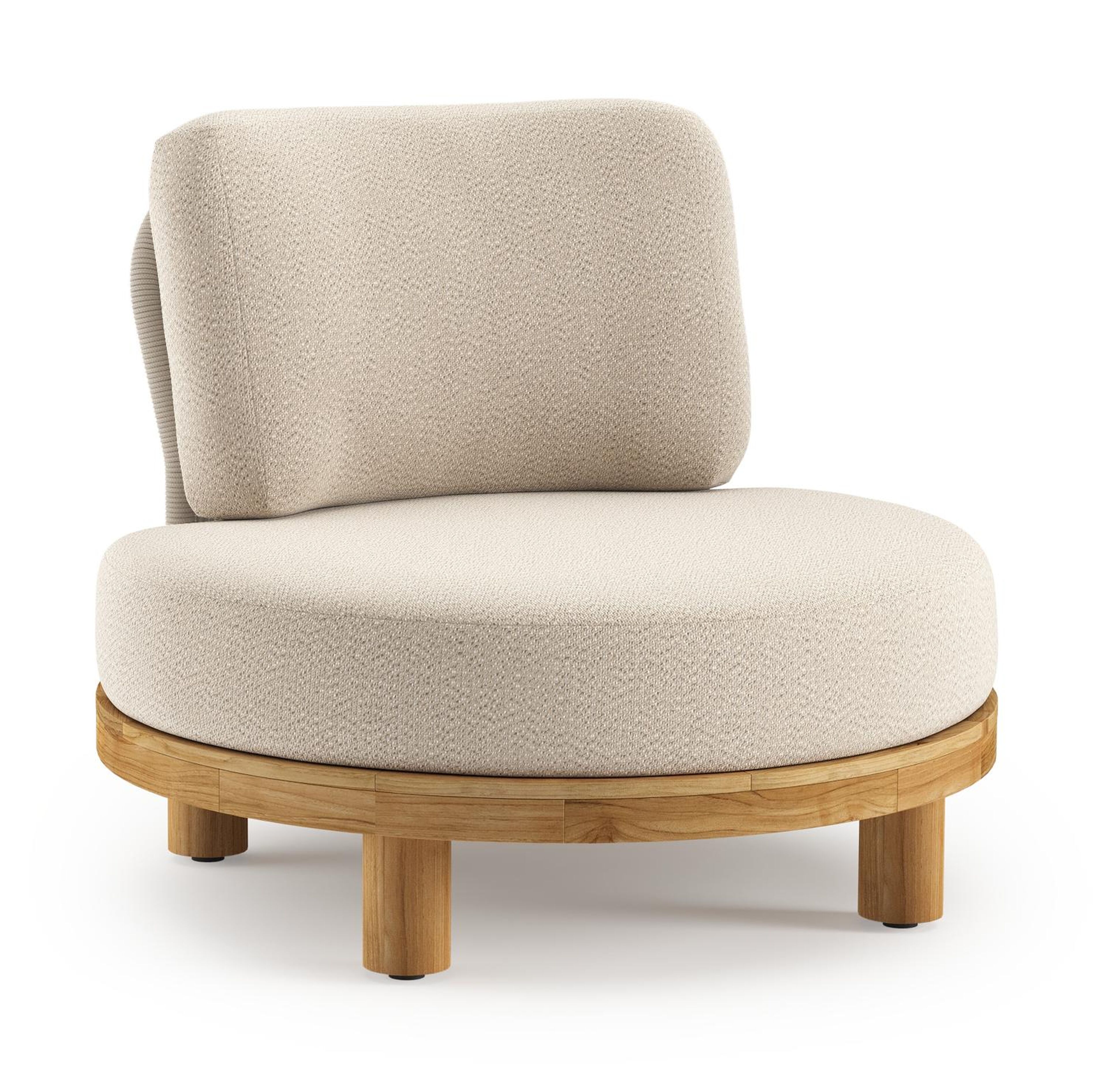 Donato loungestoel in teak en beige verticaal geweven ronde rope met all weather sunbrella® luxe Lopi Sand kussen