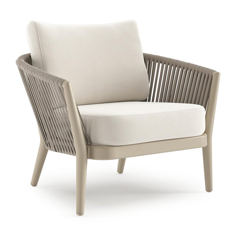 Fauteuil de jardin Orso en aluminium beige en corde luxe plate tissée verticalement beige et coussins en all weather sunbrella® luxe Savane White