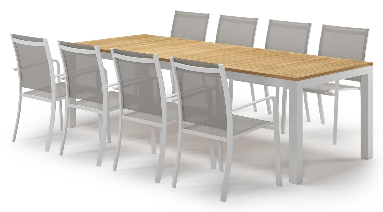 Varese tuinset in wit aluminium en naturel teak tafelblad met 8 stapelbare Calobra tuinstoelen