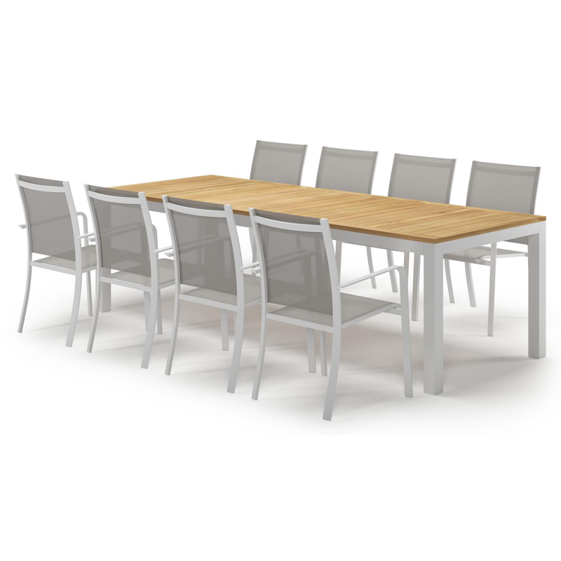 Varese tuinset in wit aluminium en naturel teak tafelblad met 8 stapelbare Calobra tuinstoelen