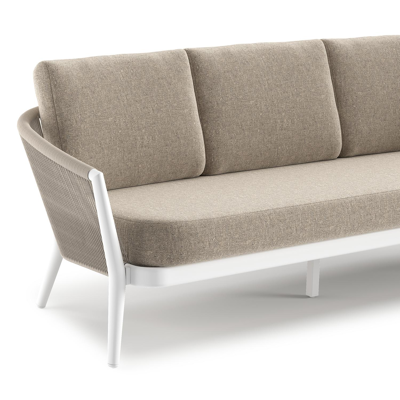 Canapé de jardin Orso en aluminium blanc en corde ronde tissée verticalement beige et coussins en all weather sunbrella® luxe Chartres Pewter