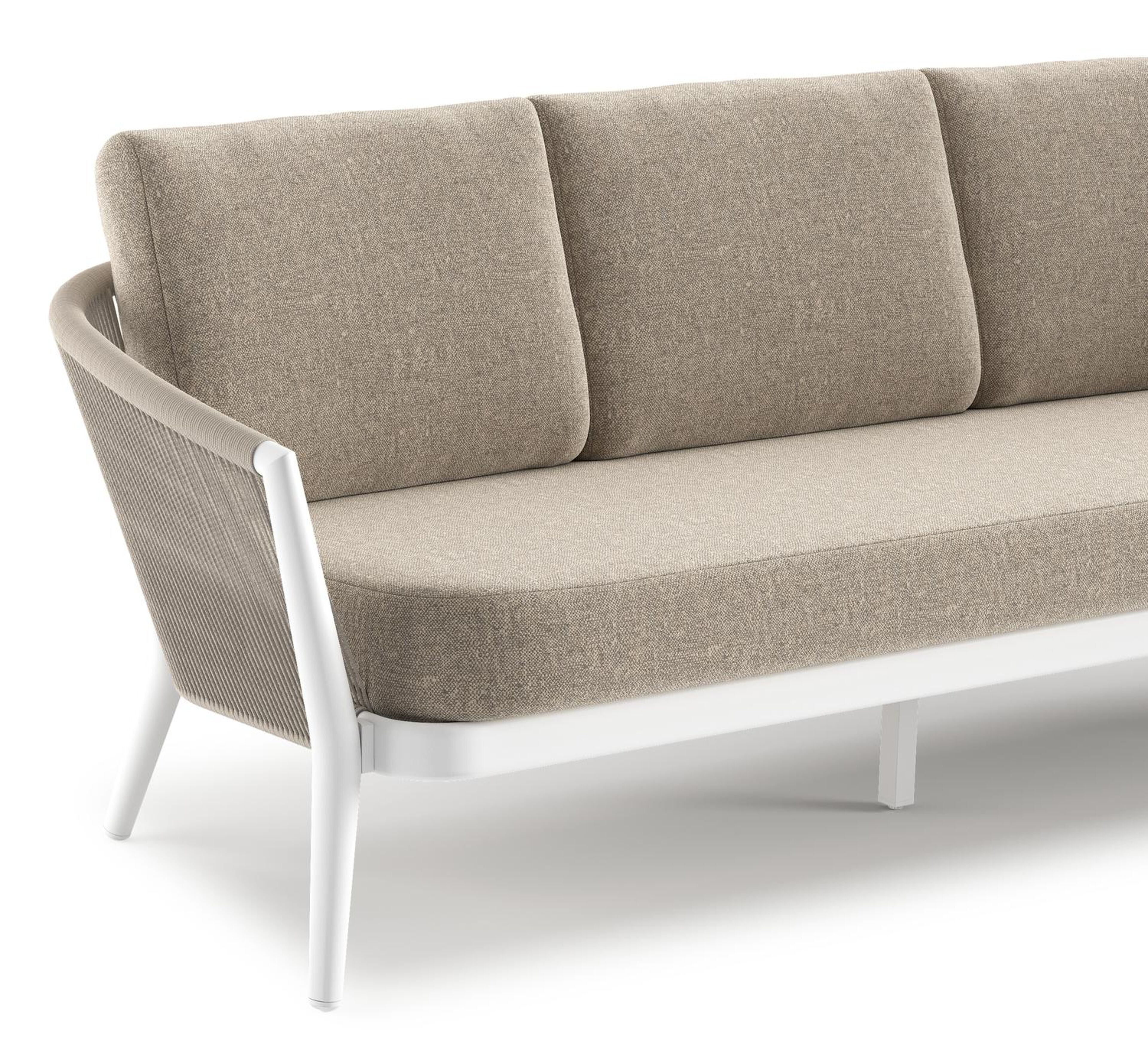 Orso loungebank in wit aluminium en beige verticaal geweven ronde rope met Chartres Pewter all weather sunbrella® luxe kussen