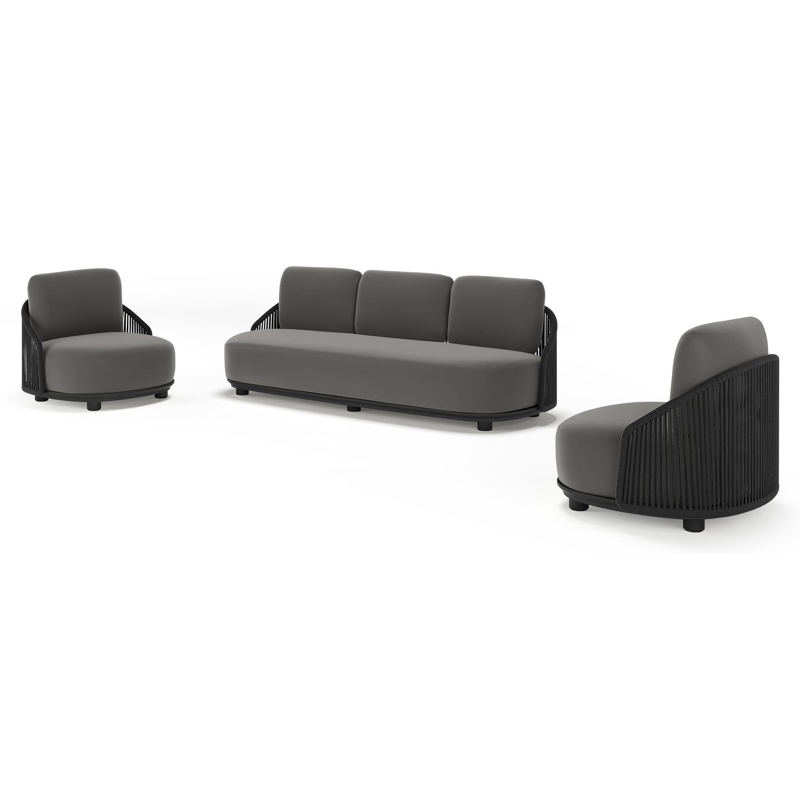 Salon de jardin Vadelo en aluminium noir et corde ronde tissée verticalement noir et coussins en all weather sunbrella® luxe natte charcoal chine