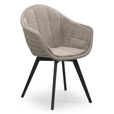 Chaise de jardin Pagino en aluminium noir et corde ronde tissée verticalement beige avec coussin en All Weather Sunbrella® Luxe Wander Manioc