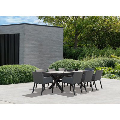 Reza tuinset in zwart aluminium en grijs volkeramiek tafelblad met 8 Rivo tuinstoelen