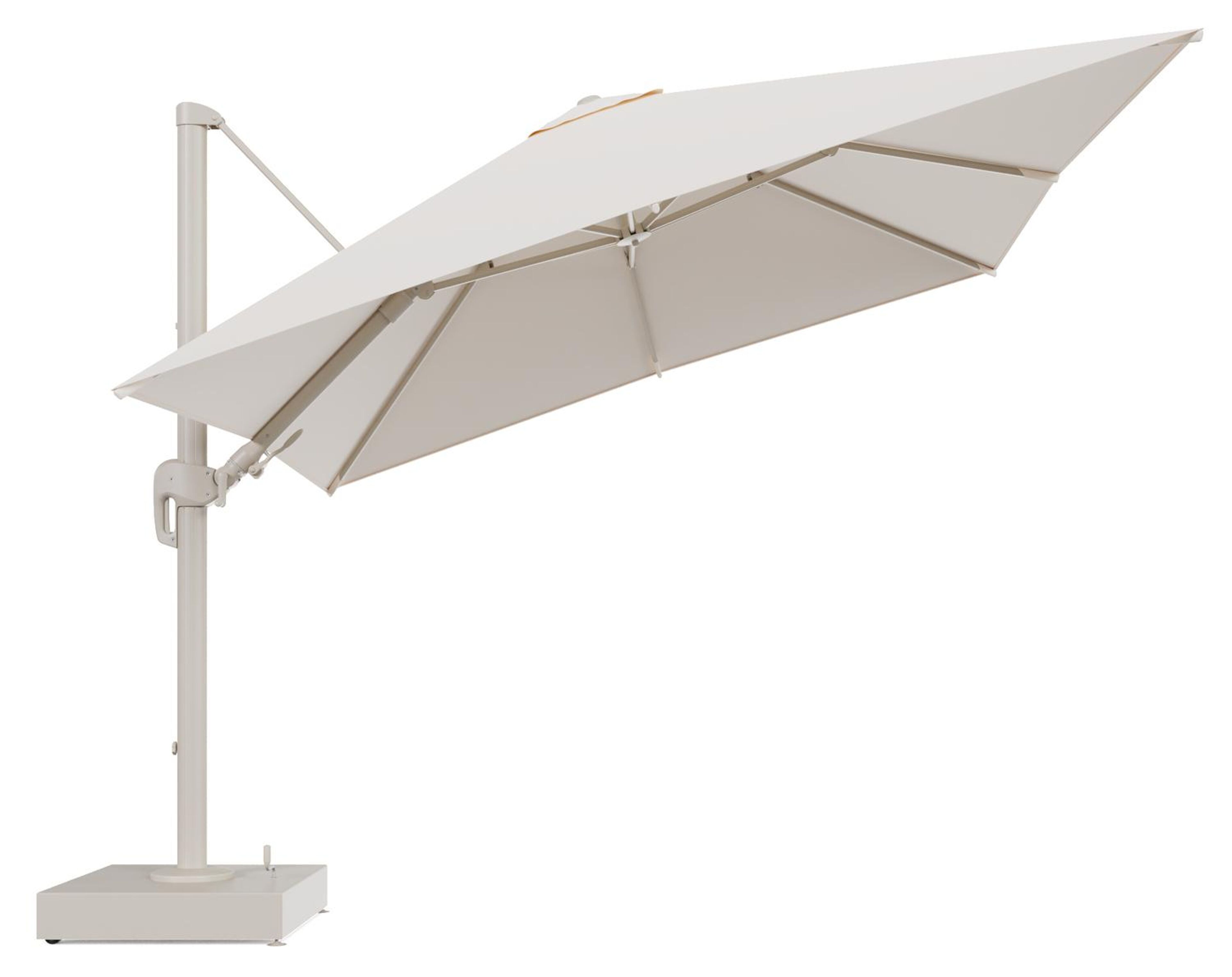 Rufina zweefparasol met tiltfunctie in beige aluminium en Natte Linen Chalk All Weather Sunbrella® Luxe parasoldoek - L1 300 x L2 300 cm met parasolvoet Minore 150 kg met wielen
