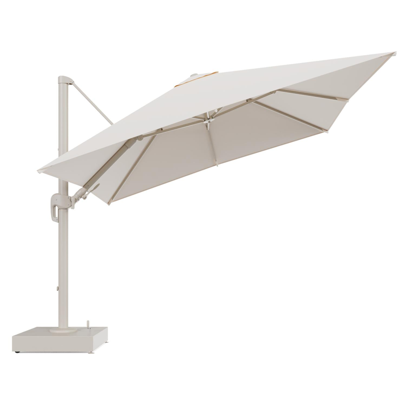 Rufina zweefparasol met tiltfunctie in beige aluminium en Natte Linen Chalk All Weather Sunbrella® Luxe parasoldoek - L1 300 x L2 300 cm met parasolvoet Minore 150 kg met wielen