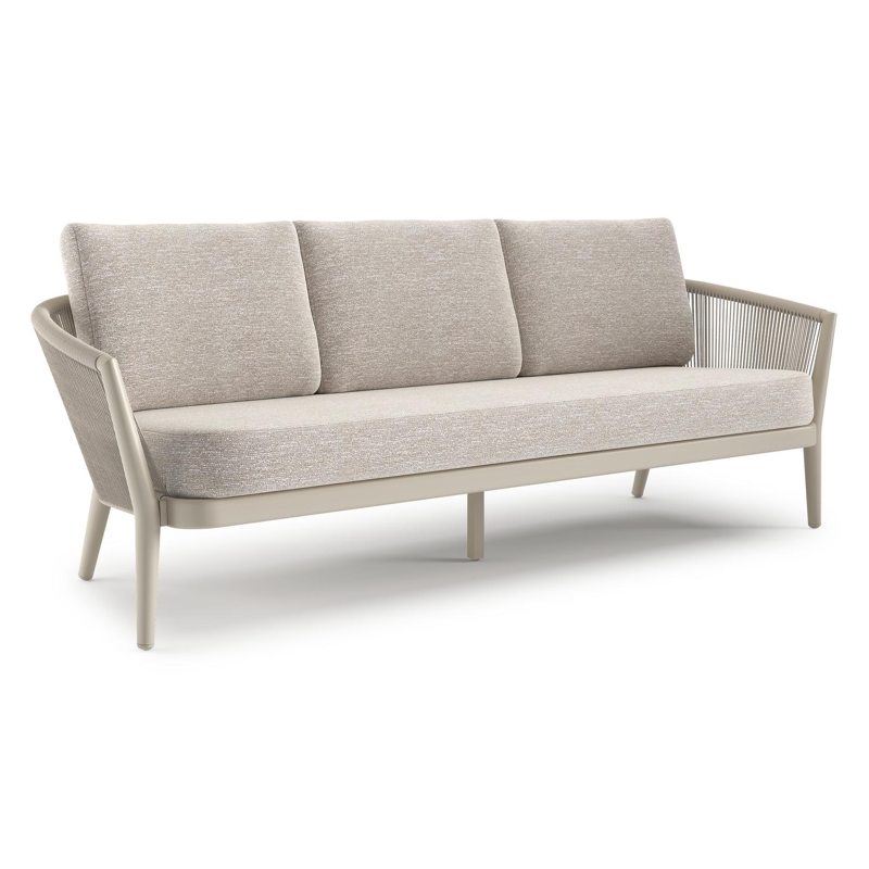 Canapé de jardin Orso en aluminium beige en corde ronde tissée verticalement beige et coussins en all weather sunbrella® luxe Tundra Sand