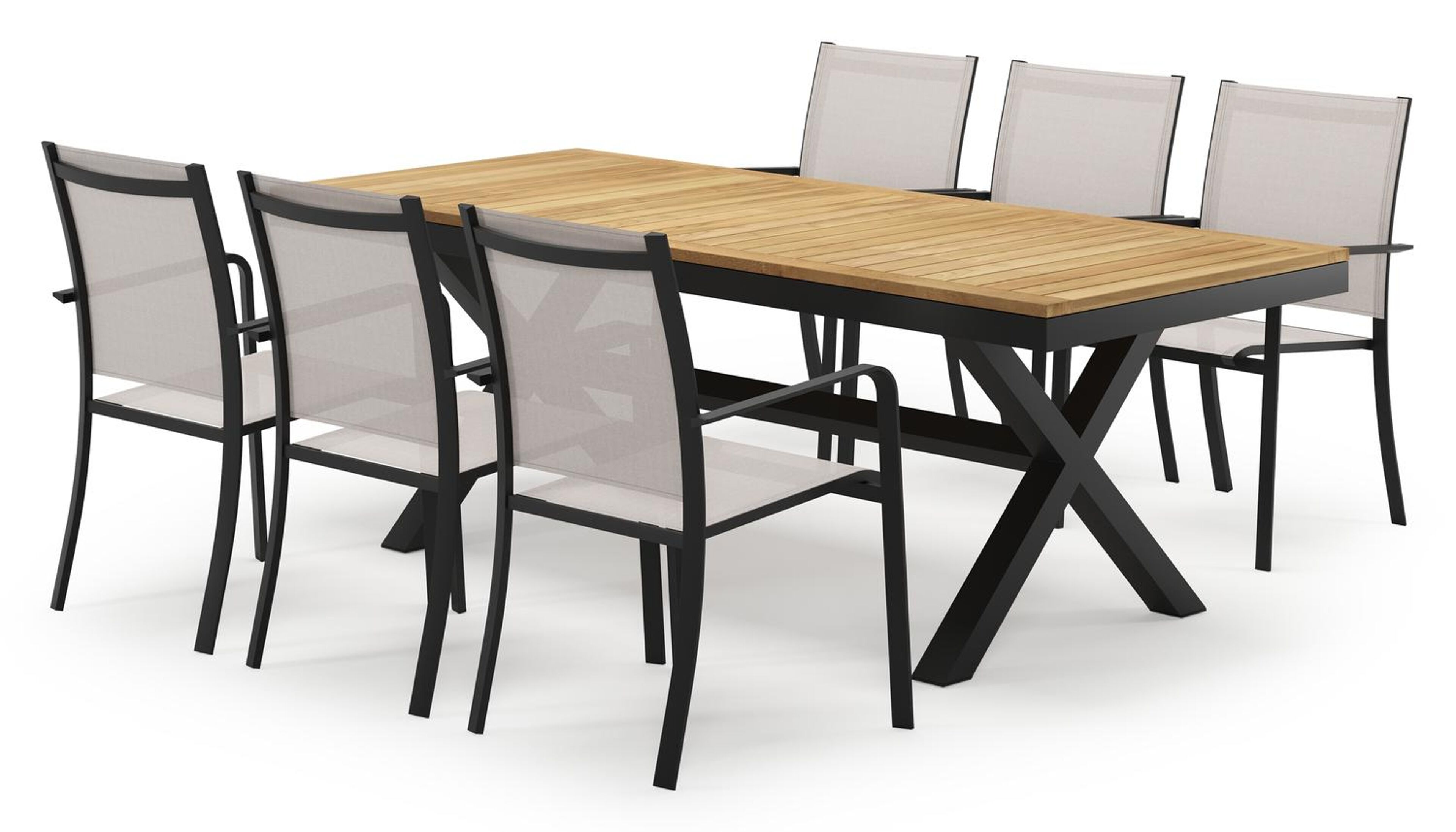 Reza rechthoekige tuinset in zwart aluminium en teak natural finish met 6 Calobra tuinstoelen