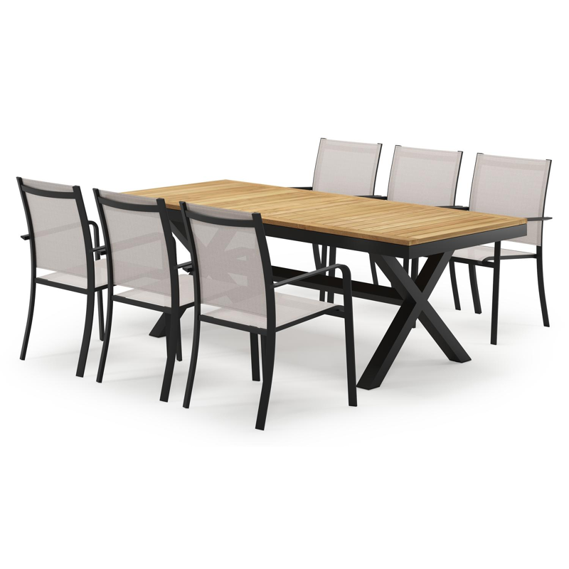 Reza rechthoekige tuinset in zwart aluminium en teak natural finish met 6 Calobra tuinstoelen