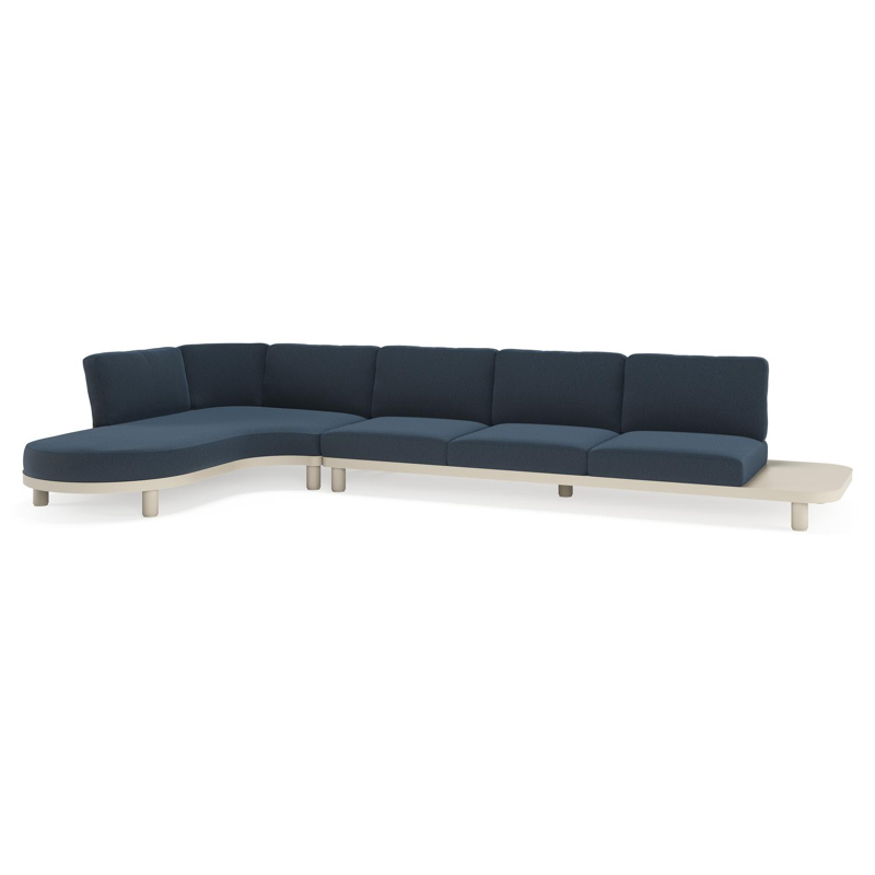 Salon de jardin d'angle Donato en aluminium beige et coussins en All Weather Sunbrella® luxe heritage indigo
