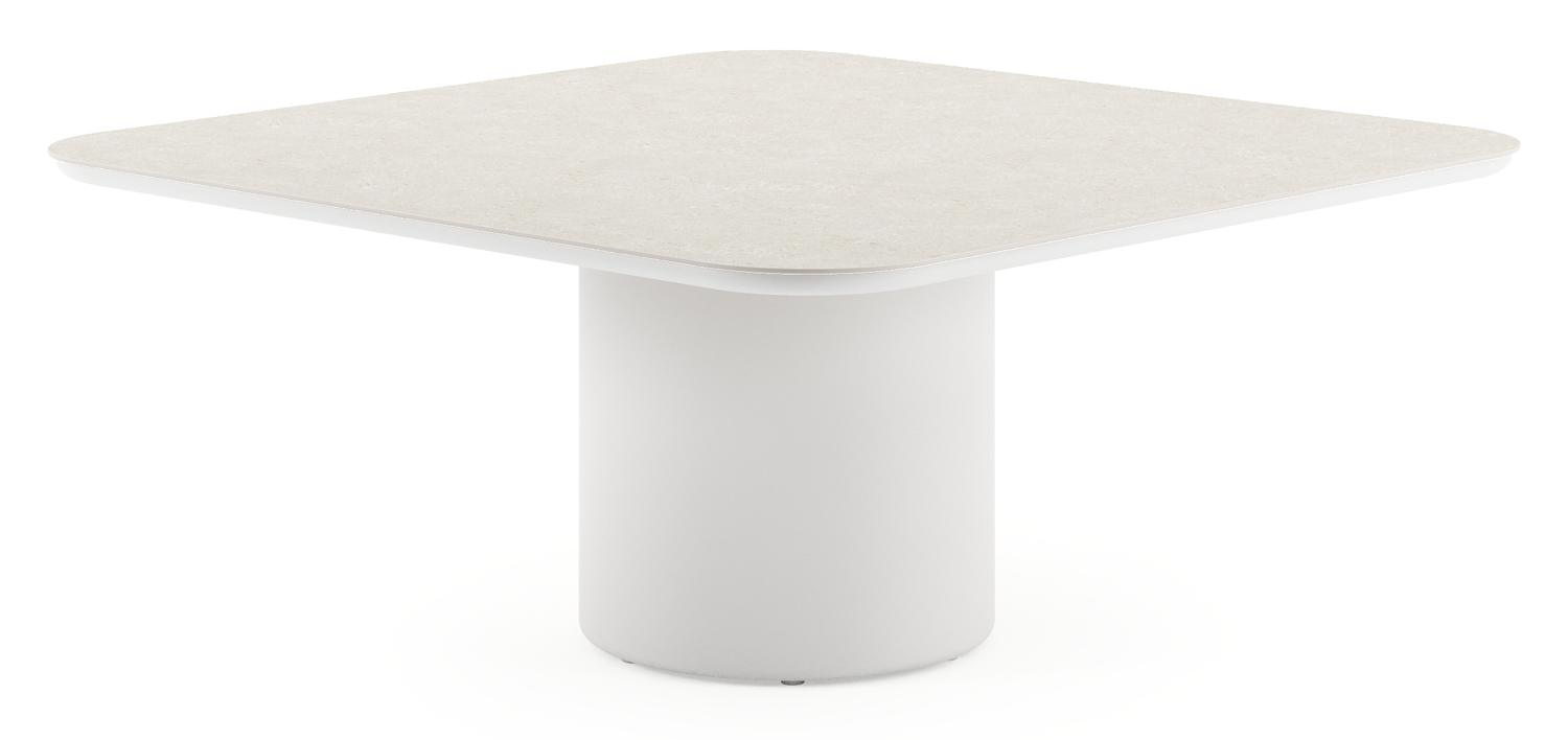 Amico low dining tuintafel afgerond vierkant in wit aluminium en volkeramiek Shilin - L 148 x B 148 x H 61 cm