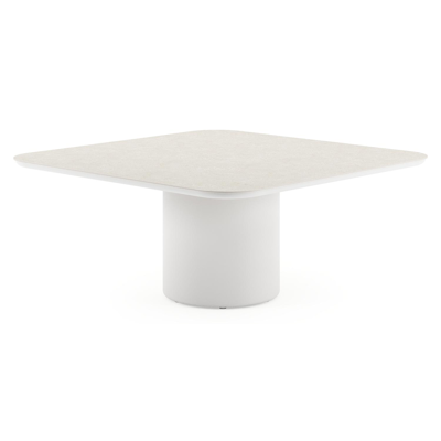 Amico low dining tuintafel afgerond vierkant in wit aluminium en volkeramiek Shilin - L 148 x B 148 x H 61 cm