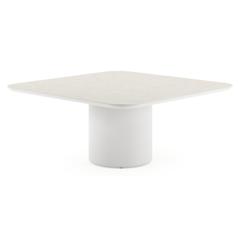 Amico low dining tuintafel afgerond vierkant in wit aluminium en volkeramiek Shilin - L 148 x B 148 x H 61 cm