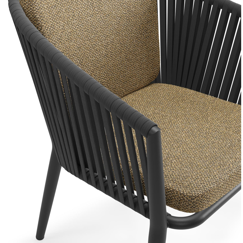Chaise de jardin Orso en aluminium noir et corde plate tissée verticalement noir avec coussin en All Weather Cosytica Madagascar Walnut