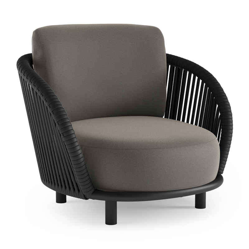 Lupino loungestoel in zwart aluminium en zwart verticaal geweven luxe vlakke brede rope met natte dark taupe all weather sunbrella® luxe kussen