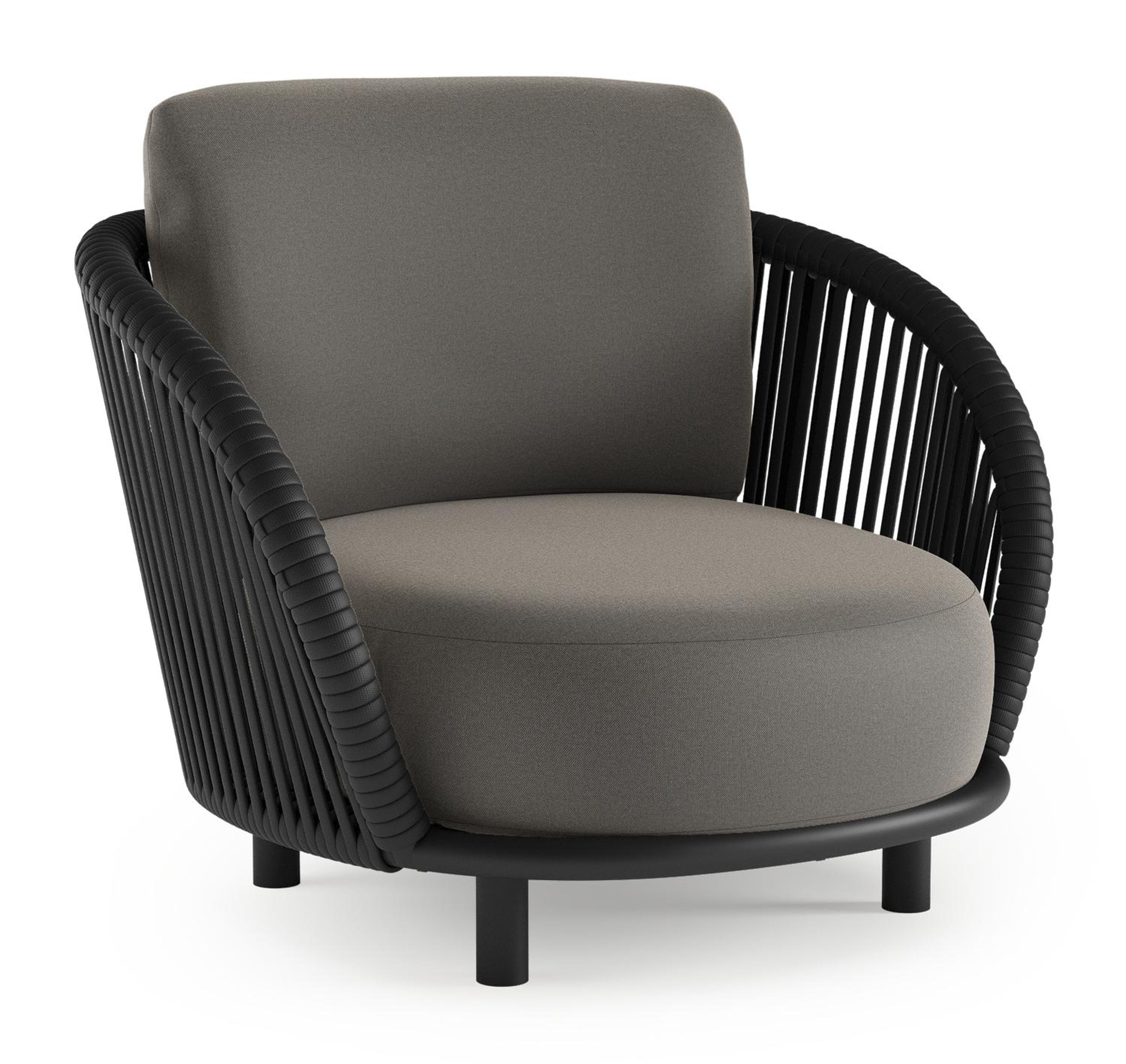 Fauteuil de jardin Lupino en aluminium noir et corde large plate de luxe tissée verticalement noir et coussins en all weather sunbrella® luxe natte dark taupe