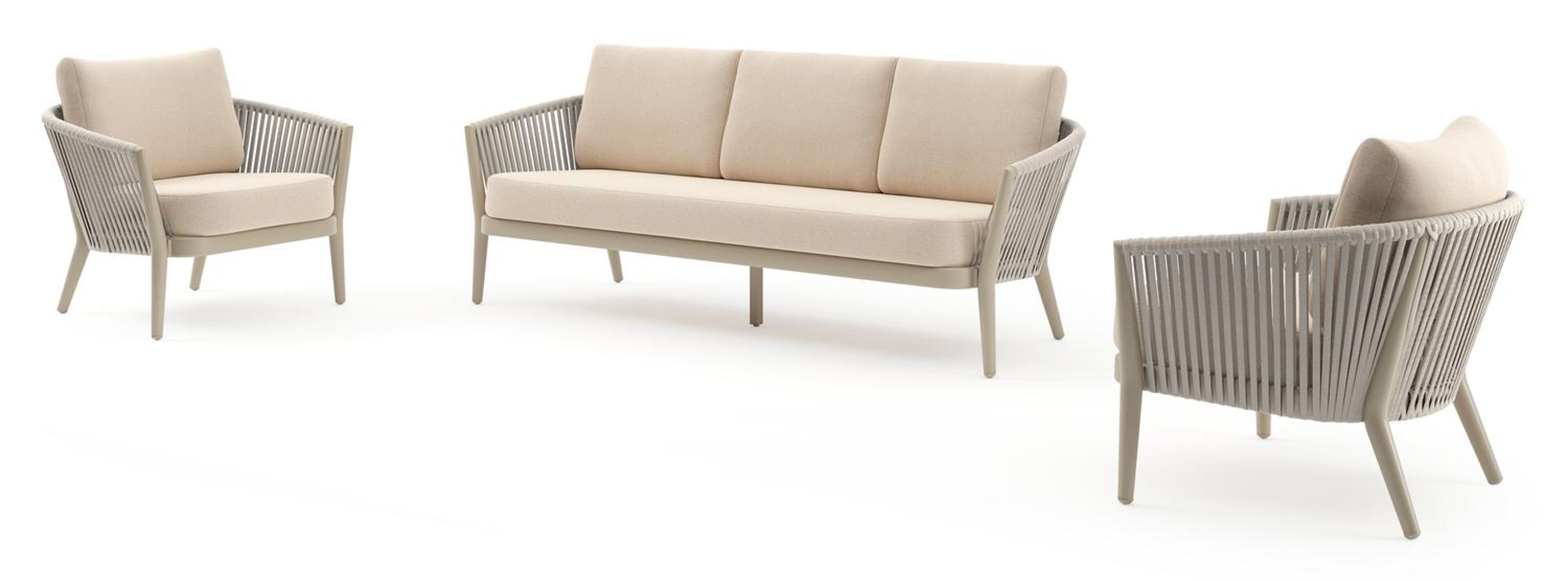 Orso loungeset in beige aluminium en beige verticaal geweven luxe vlakke rope met Heritage Papyrus all weather sunbrella® luxe kussen