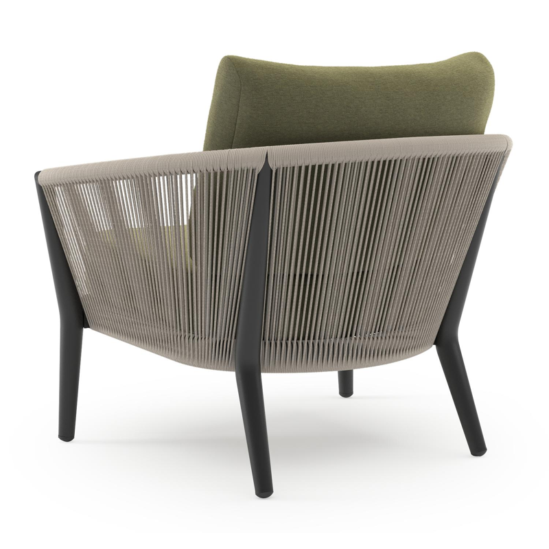 Orso loungestoel in zwart aluminium en beige verticaal geweven ronde rope met Heritage Leaf all weather sunbrella® luxe kussen