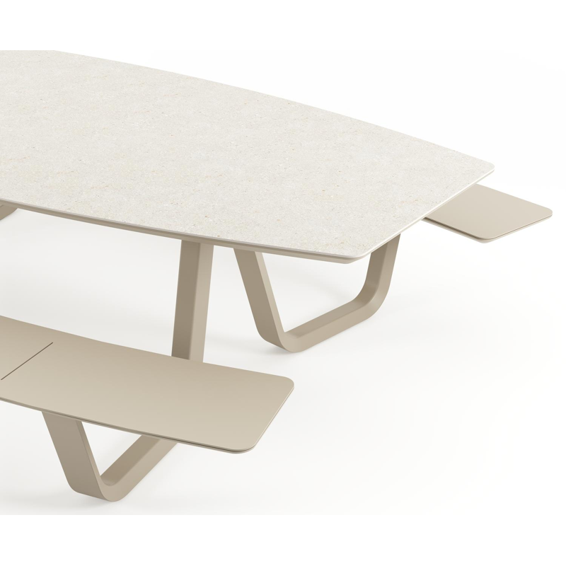 Table de pique-nique Forno forme de bateau en aluminium beige et céramique pleine Shilin - Lg. 280 x Lrg. 192 x Haut. 72 cm