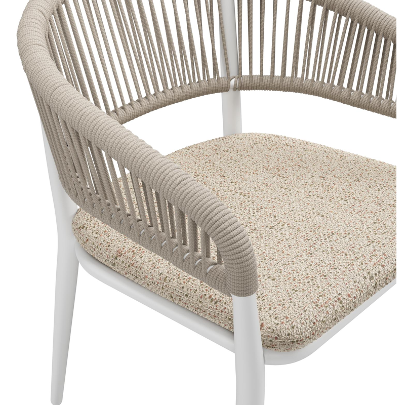 Chaise de jardin empilable Tolfa en aluminium blanc et corde ronde tissée verticalement beige avec coussin en All Weather Cosytica Bora Jungle