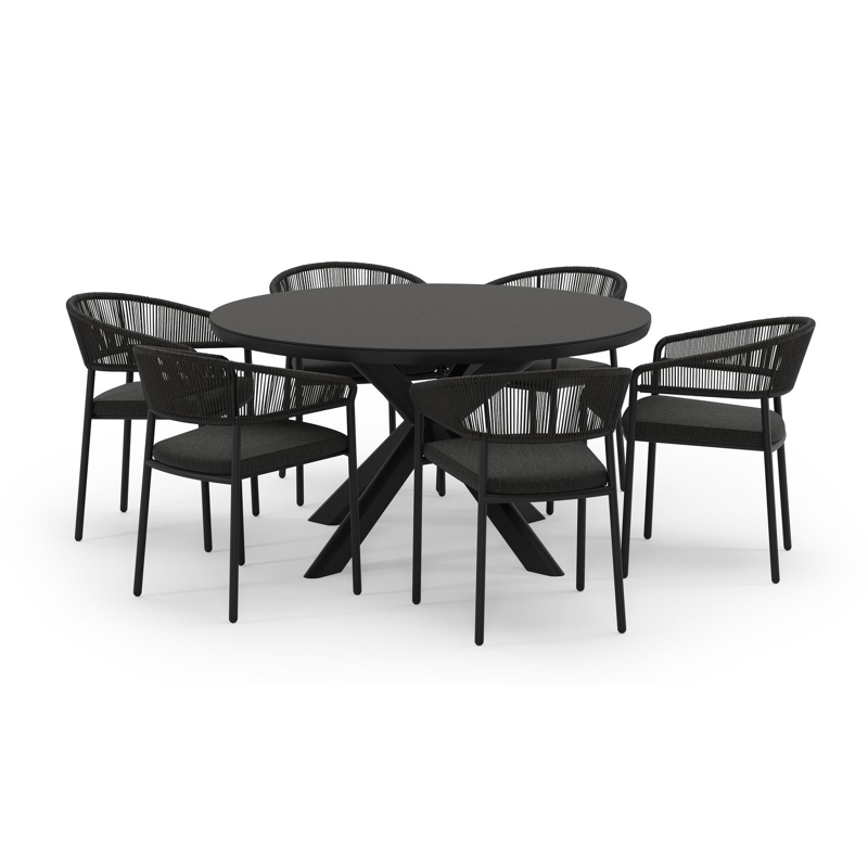 Pamplona ensemble de jardin ronde en aluminium noir en sintered stone notte minerale avec 6 chaises de jardin Zamora