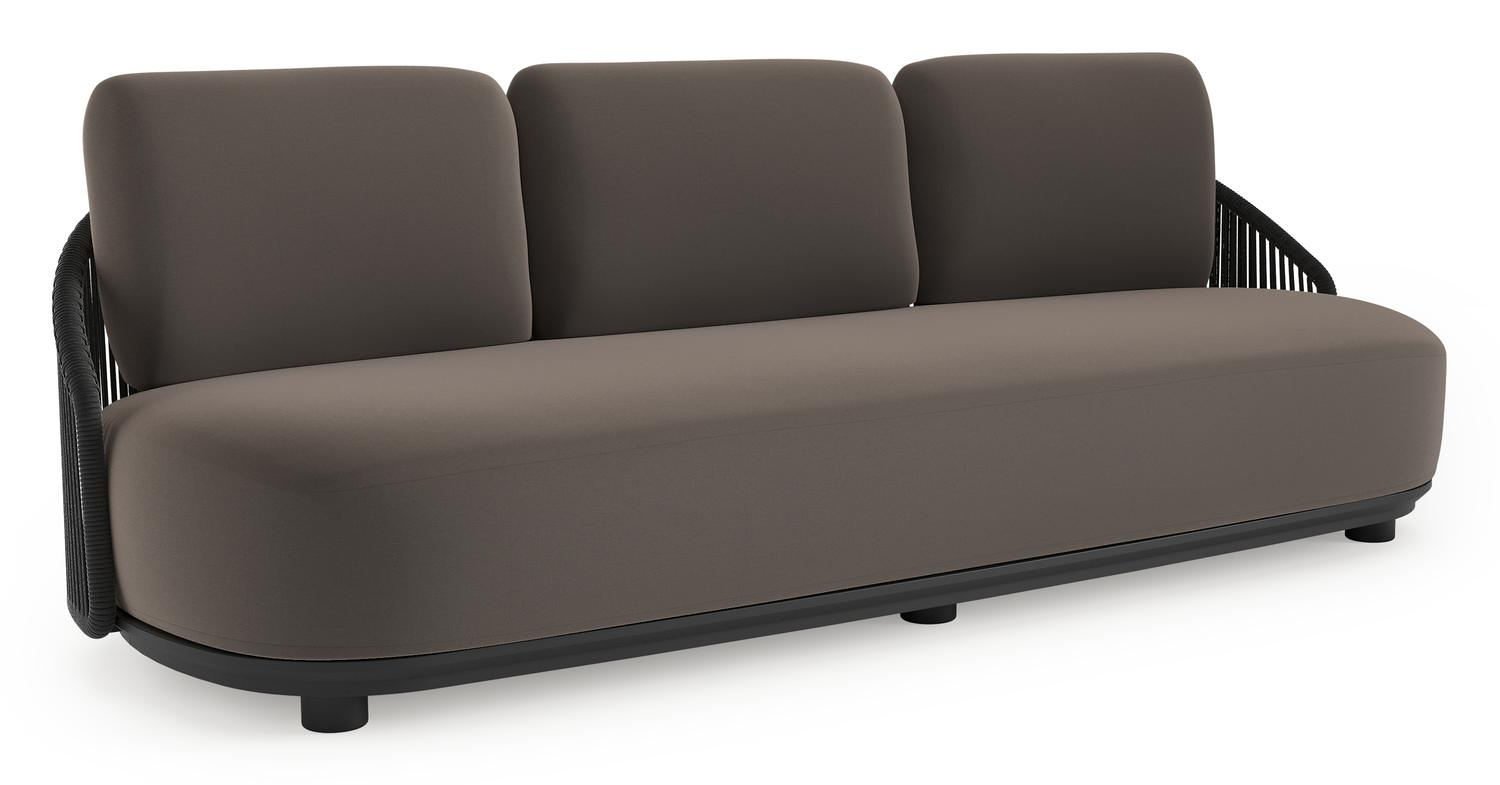 Canapé de jardin Vadelo en aluminium noir et corde ronde tissée verticalement noir et coussins en all weather sunbrella® luxe natte nature grey