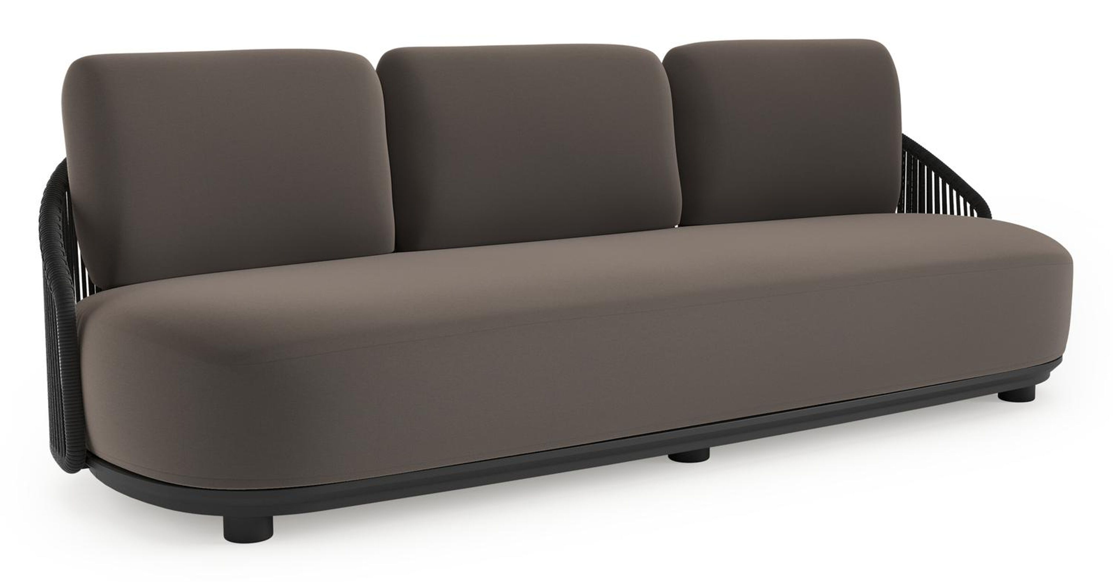 Canapé de jardin Vadelo en aluminium noir et corde ronde tissée verticalement noir et coussins en all weather sunbrella® luxe natte nature grey