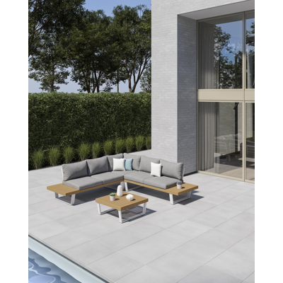 Campelo loungehoek in wit aluminium en polywood met grijs polyester kussen en loungetafel