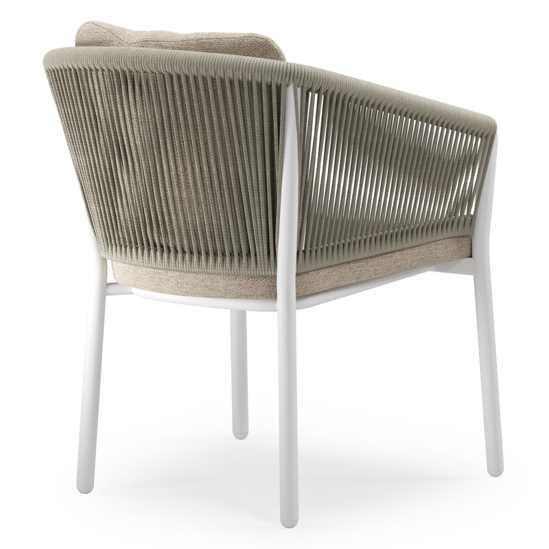 Gerona tuinstoel in wit aluminium en beige verticaal geweven ronde rope met kussen in Rustic Weather+ Softtouch